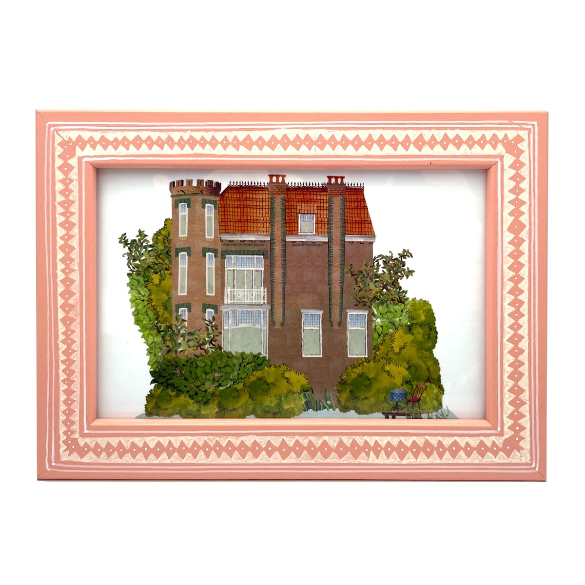 Kunstwerk met handbeschilderd lijstje en architectuur portret van een woning aan de Vijverweg in Kralingen Rotterdam