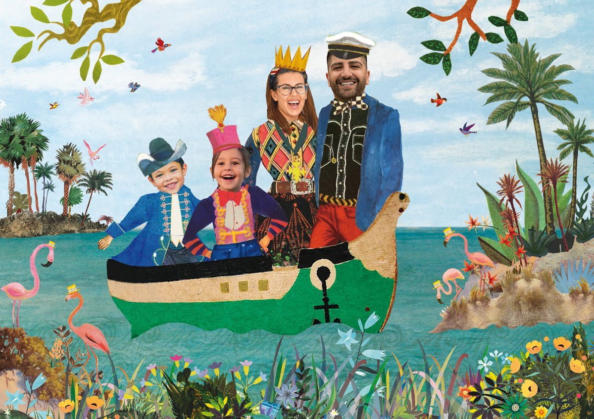 portret met het gezin in een bootje