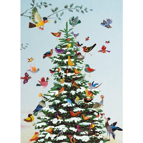 poster of ansicht kaart met winterse dennenboom of kerstboom waar vrolijk gekleurde vogels rond vliegen; een vrolijke en sfeervolle kerstkaart