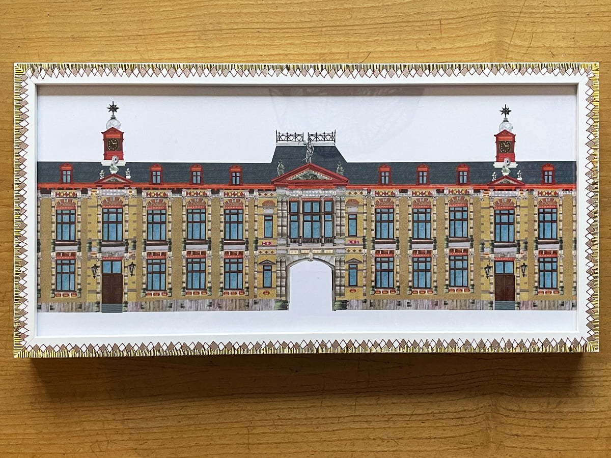 grafisch handbeschilderd kunstwerk met architectuur portret van gerechtsgebouw noordsingel