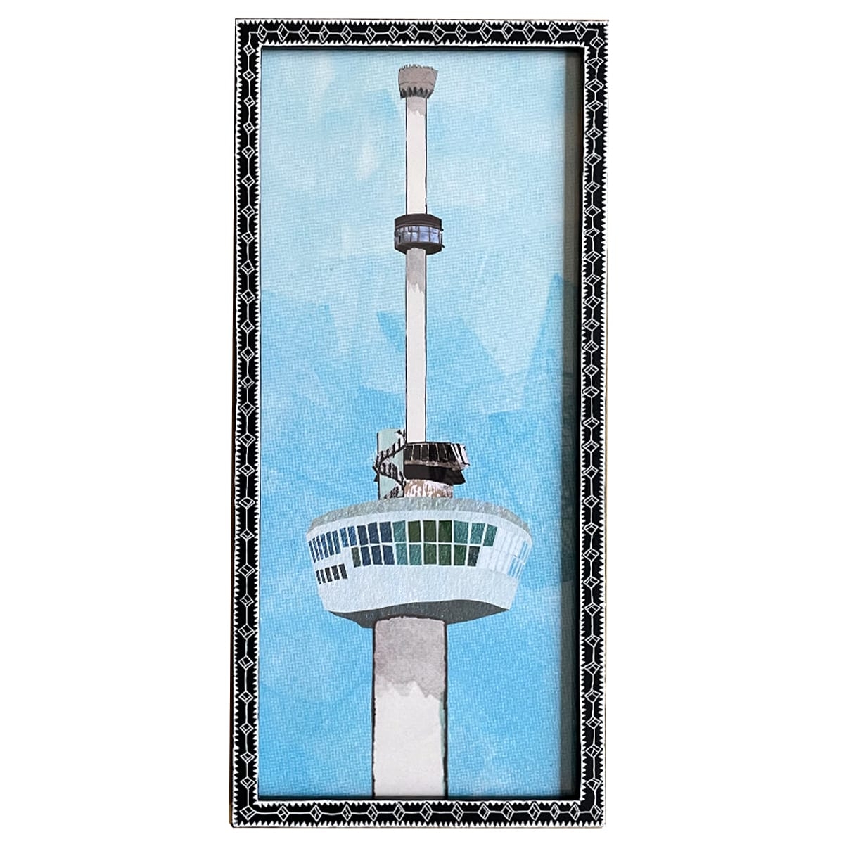 Groot zwart met wit handbeschilderd lijstje met architectuur portret van de Euromast