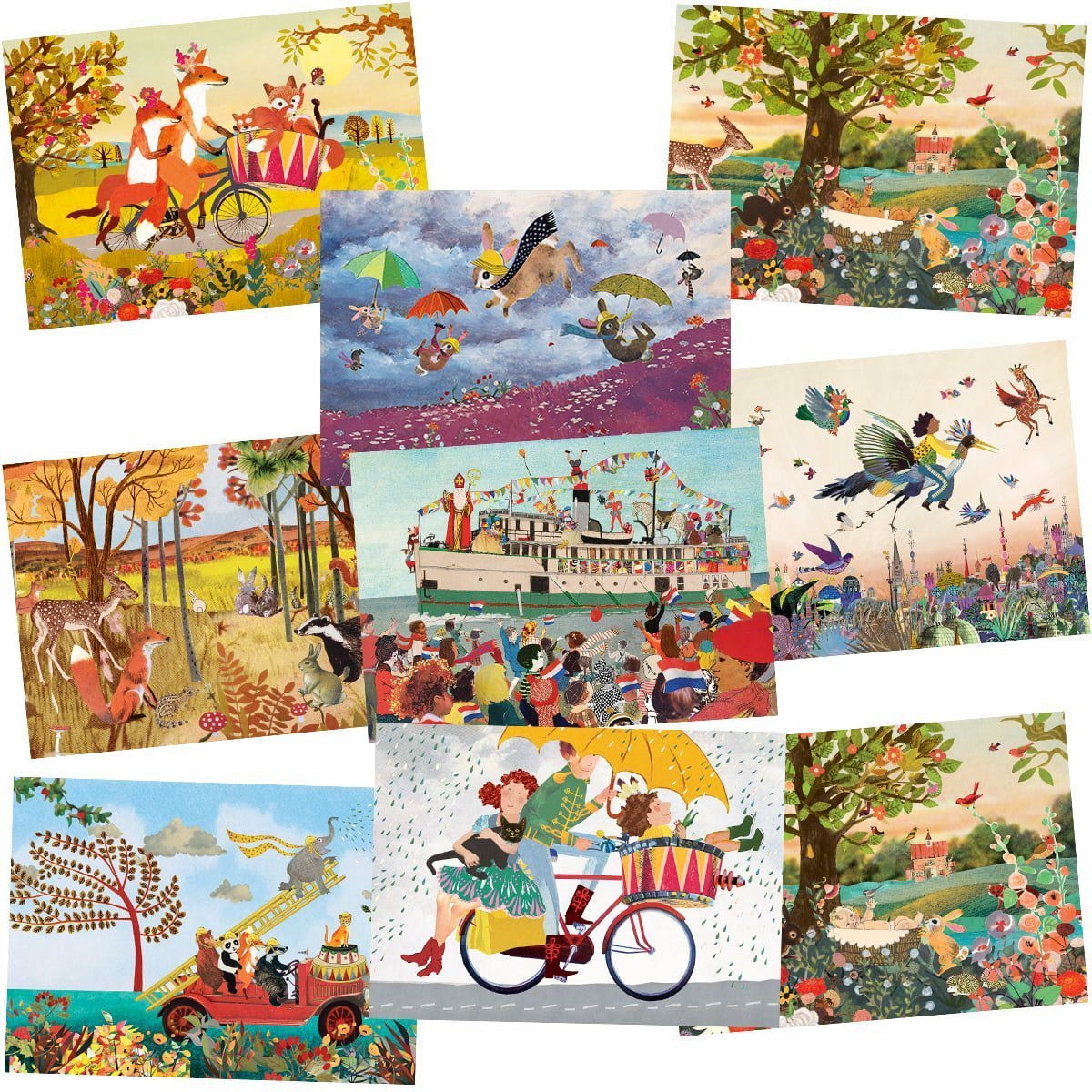 ansicht kaart set met 9 herfst kaarten, kleurrijke vrolijke najaar kaarten met vrolijke dieren, wind, gekleurde bladeren, sinterklaas, herfstbos en najaar zon