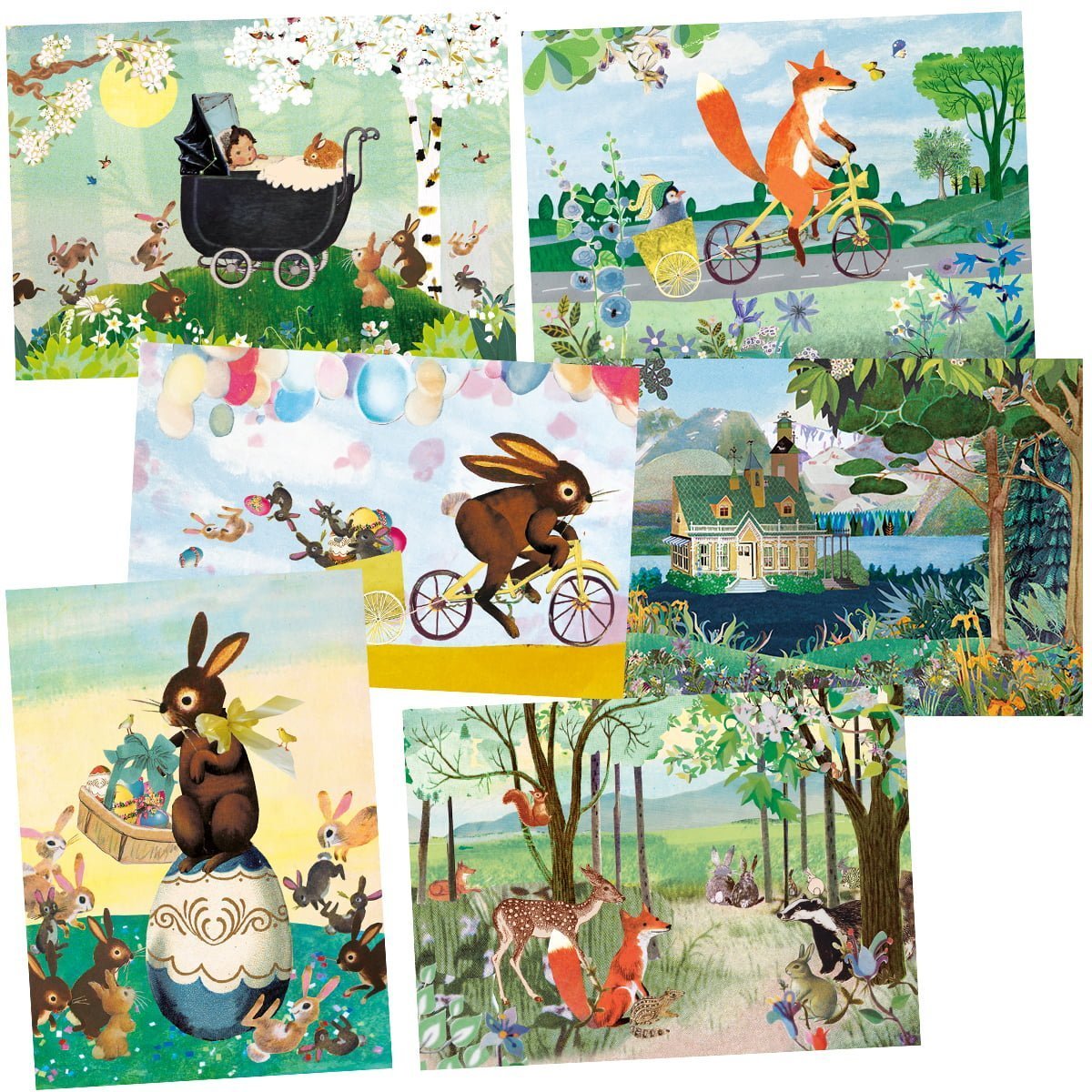 ansicht kaart set met 6 lente kaarten, kleurrijke vrolijke voorjaar ansicht kaarten met veel bloemen, grappige dieren, pasen, paashaas, lente bos, fris berg meertje, vintage wagentje in licht park met bloesem