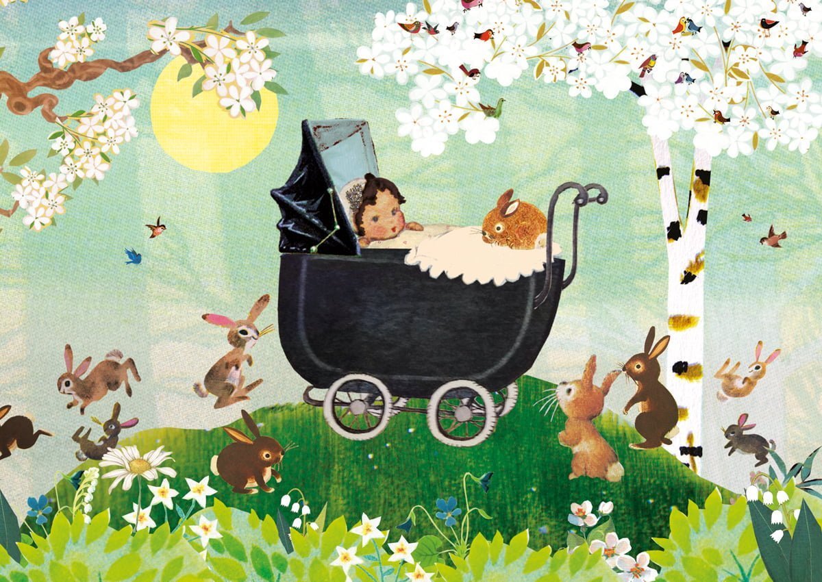 romantische lieve ansichtkaart met schattig kindje in vintage wagen onder een lente bloesem boom met vrolijke konijntjes