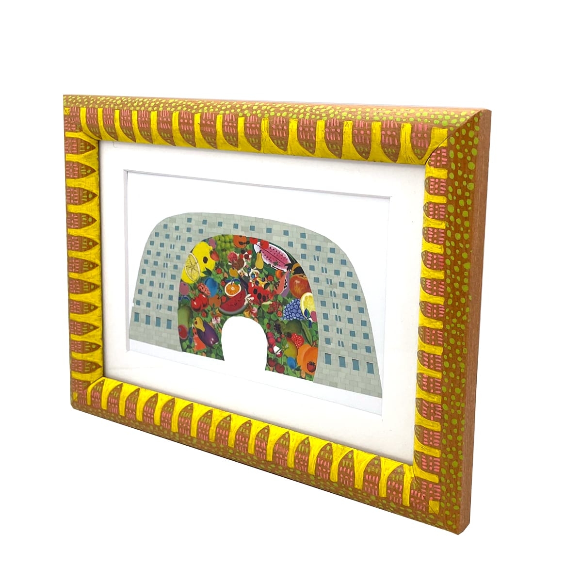 Groen roze handbeschilderd lijstje met architectuur portret van de Markthal in Rotterdam