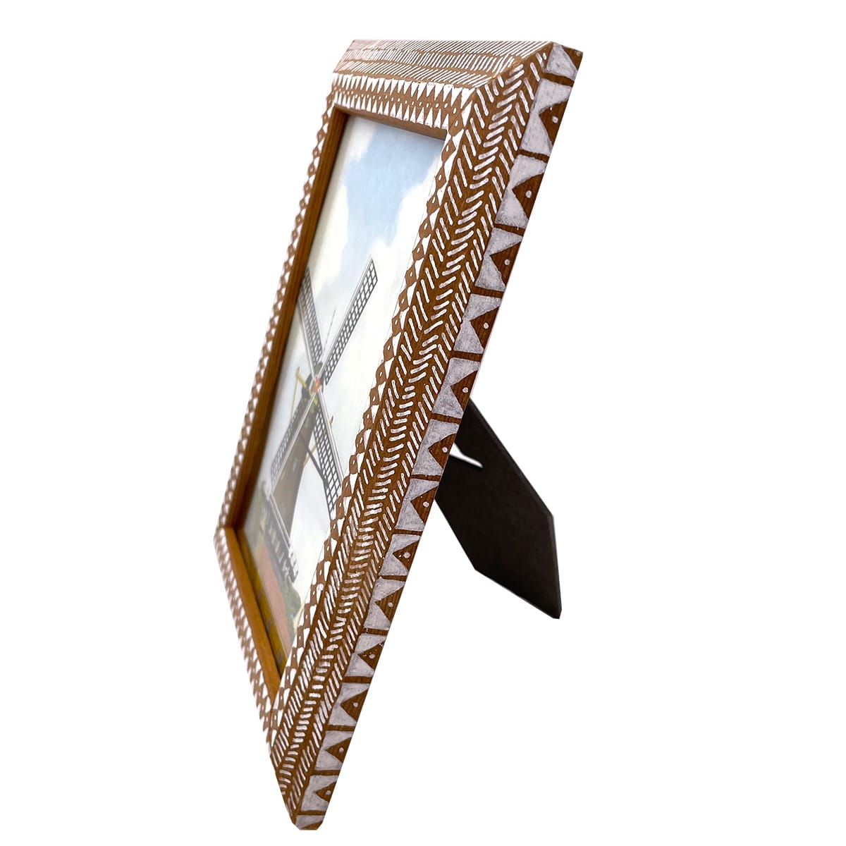 Hout met wit handbeschilderde lijst met architectuur portret van de Plasmolens Kralingen