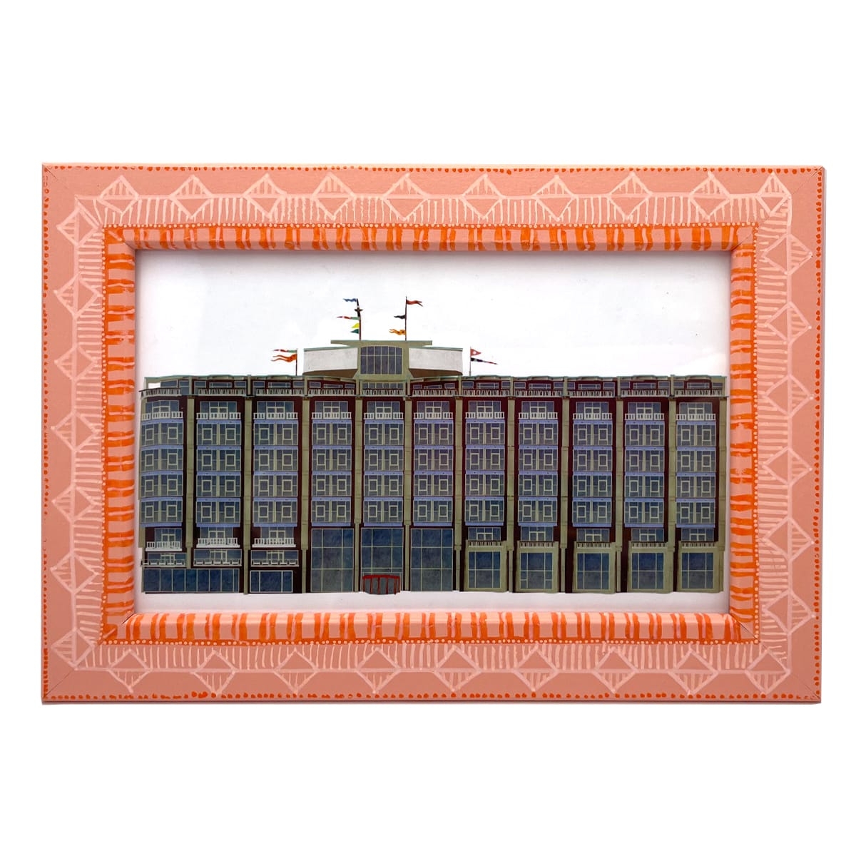 Kunstwerk met handbeschilderd lijstje en architectuur portret van het Groothandelsgebouw in Rotterdam