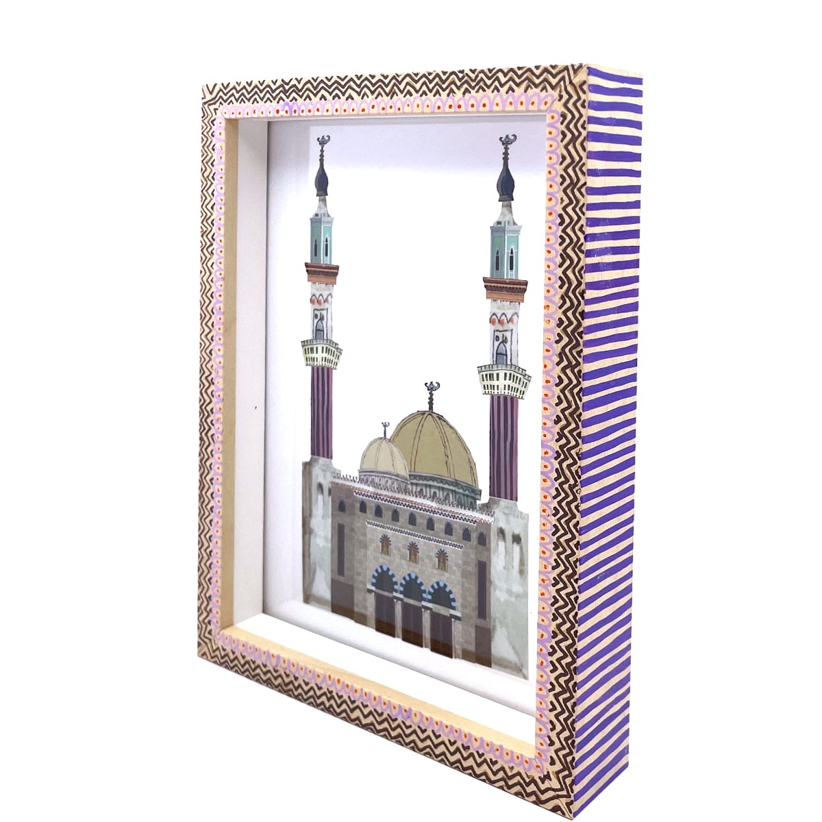 Kunstwerk met lila en bruin handbeschilderd lijstje en architectuur portret van de Essalam Moskee in Rotterdam