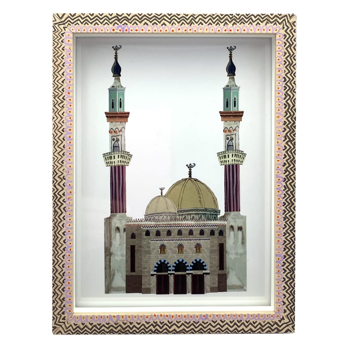 Kunstwerk met lila en bruin handbeschilderd lijstje en architectuur portret van de Essalam Moskee in Rotterdam