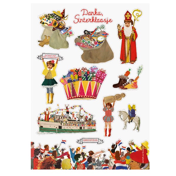 Een A5 vel vol met prachtige stickers met illustraties van Sinterklaas. De stoomboot, Ozosnel, veel Pieten en cadeautjes, zakken vol cadeaus Chocoladeletters