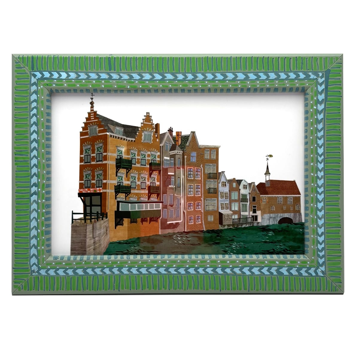 Groen blauw handbeschilderd lijstje met architectuur portret van de Aelbrechtskolk in Delfshaven Rotterdam