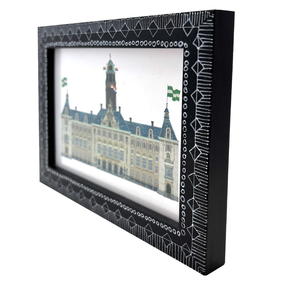 Zwartwit handbeschilderd lijstje met architectuur portret het Stadhuis van Rotterdam