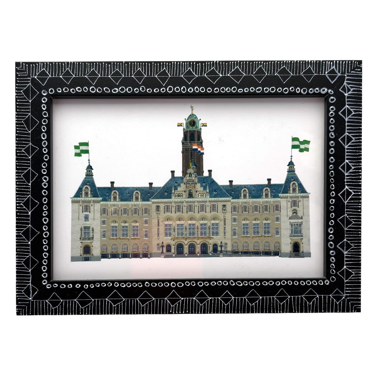 Zwartwit handbeschilderd lijstje met architectuur portret het Stadhuis van Rotterdam