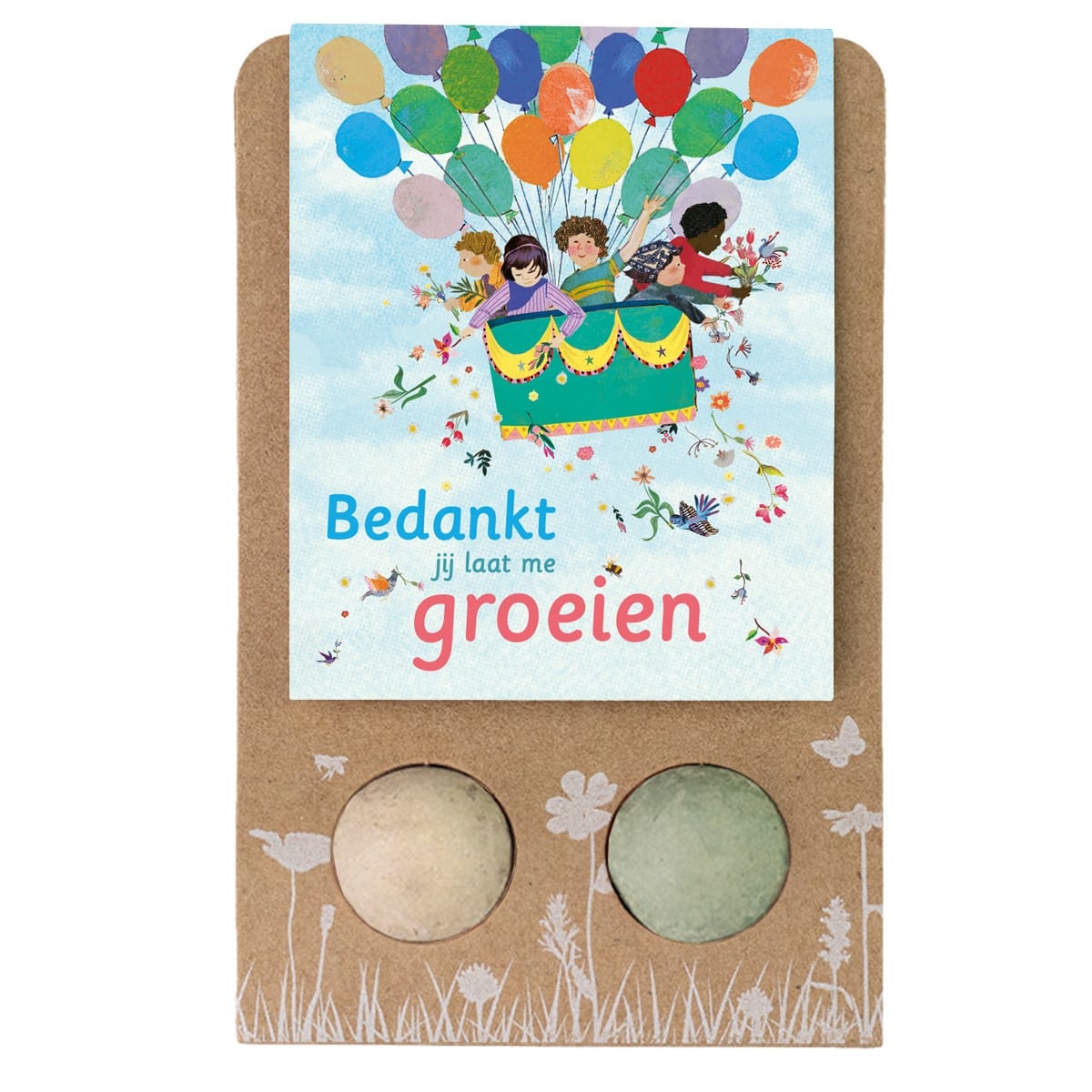 2 zaadbommetjes van Blossombs met kinderen in luchtballon juf meester cadeau