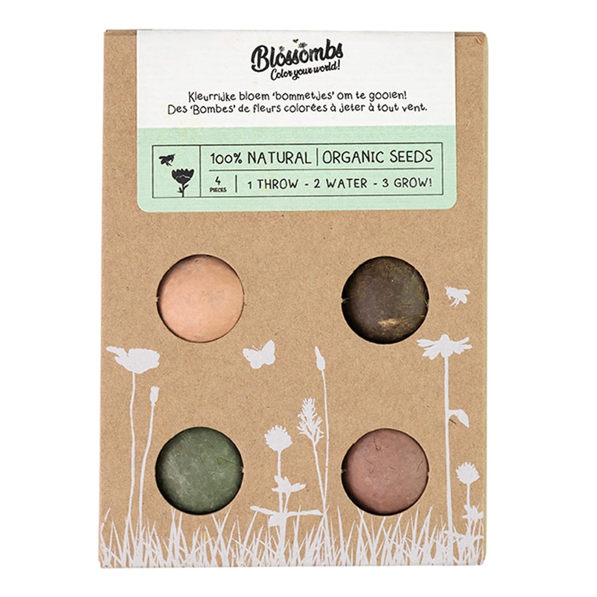 Doosje met 4 zaadbommetjes van Blossombs met kleurrijke bloementuin en roze huis