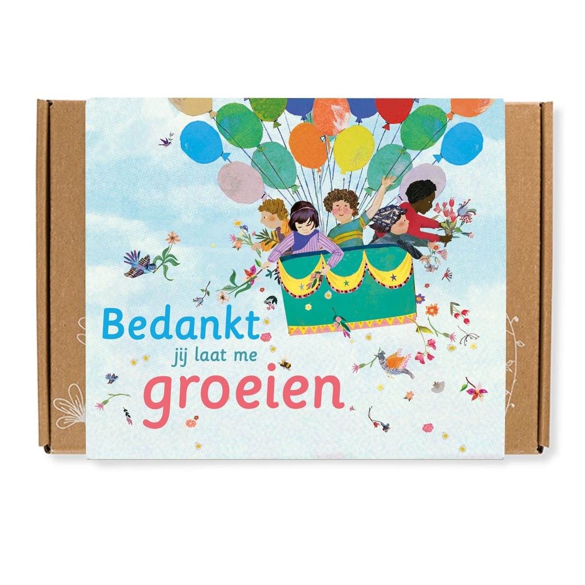 Doosje met 7 zaadbommetjes van Blossombs met juf meester cadeau luchtballon vol kinderen