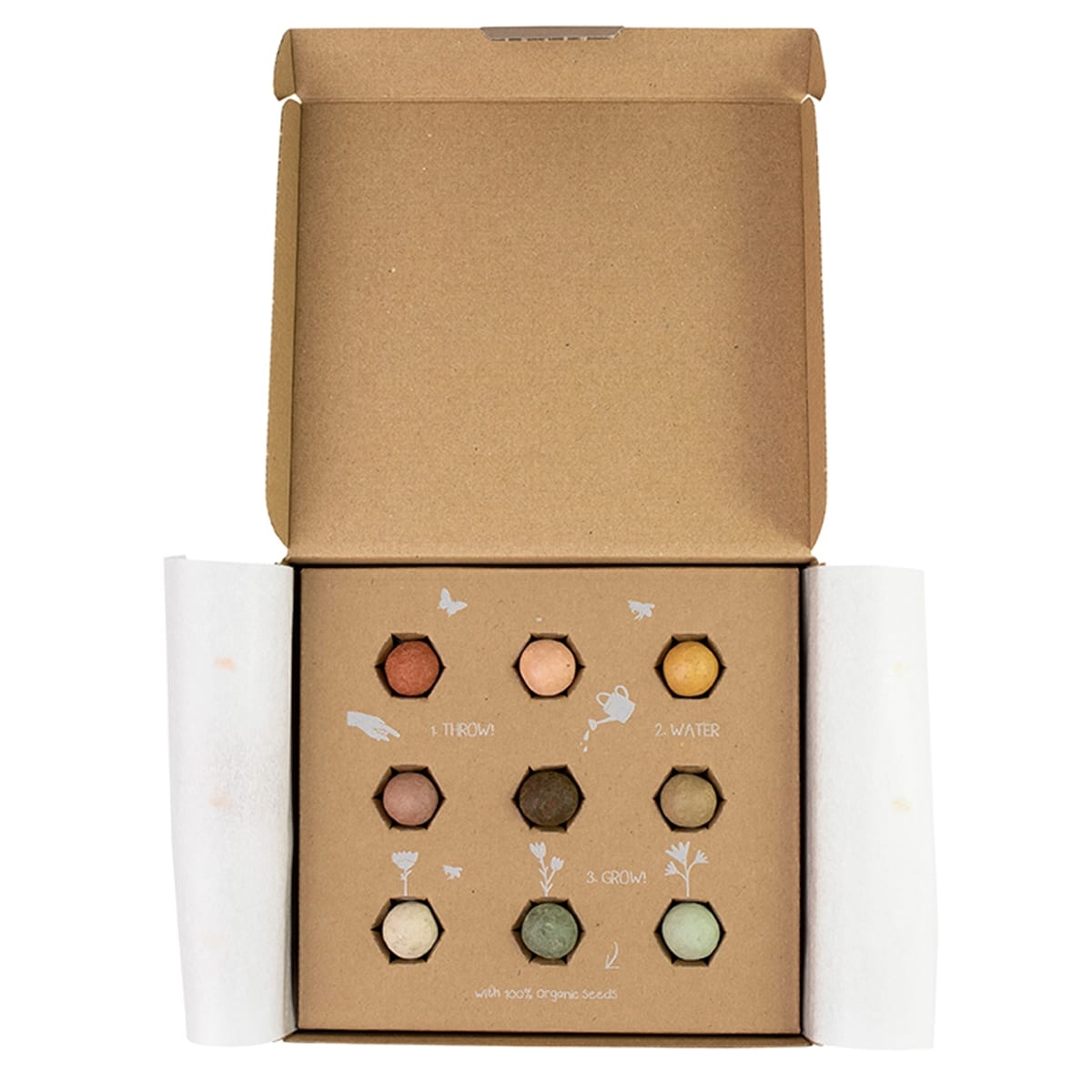 Doosje met 9 zaadbommetjes van Blossombs met luchtballon vol kinderen juf meester cadeau