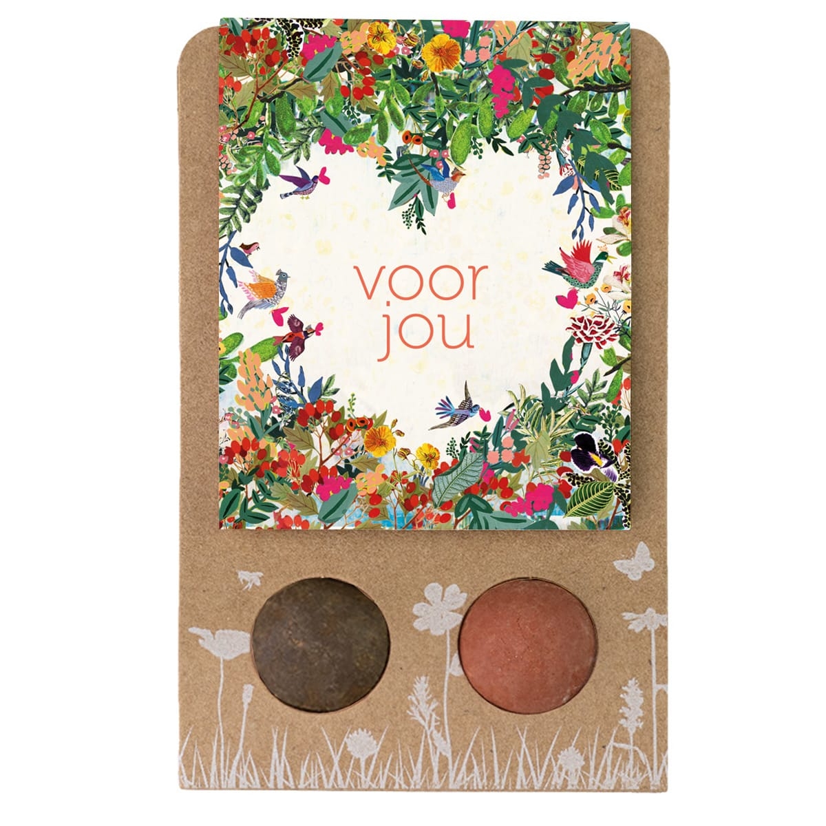 Kaart met 2 zaadbommetjes van Blossombs met kleurrijk bloemen hart