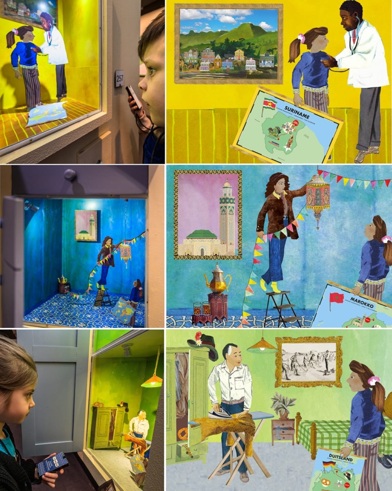 Illustraties voor kijkdozen en landkaarten voor tentoonstelling Groetjes uit de Spaghettiflat over arbeidsmigratie in het Zaans Museum