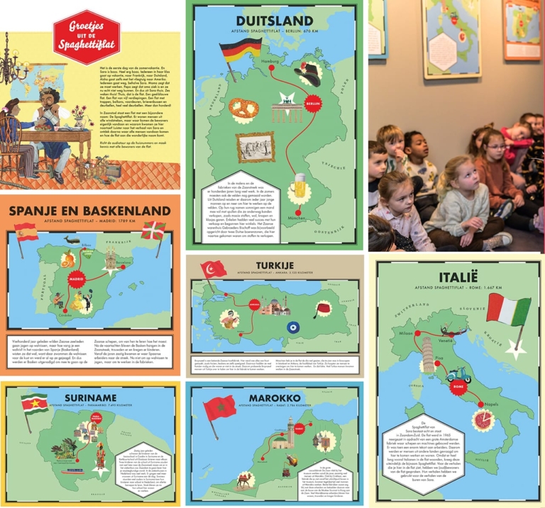 Illustraties voor kijkdozen en landkaarten voor tentoonstelling Groetjes uit de Spaghettiflat over arbeidsmigratie in het Zaans Museum
