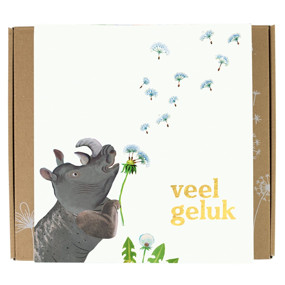 Doosje met 7 zaadbommetjes van Blossombs met neushoorn die geluk blaast kopie
