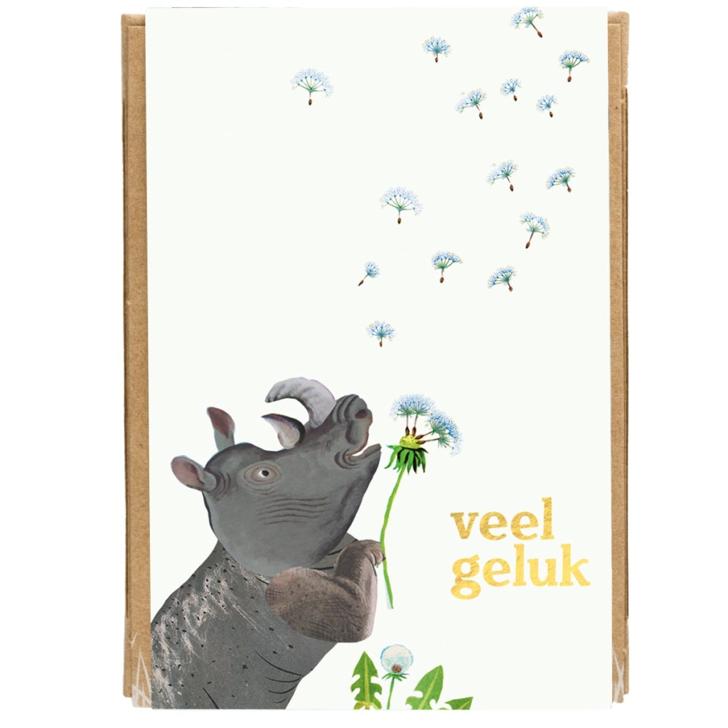 Kaart met 4 zaadbommetjes van Blossombs met neushoorn die geluk blaast